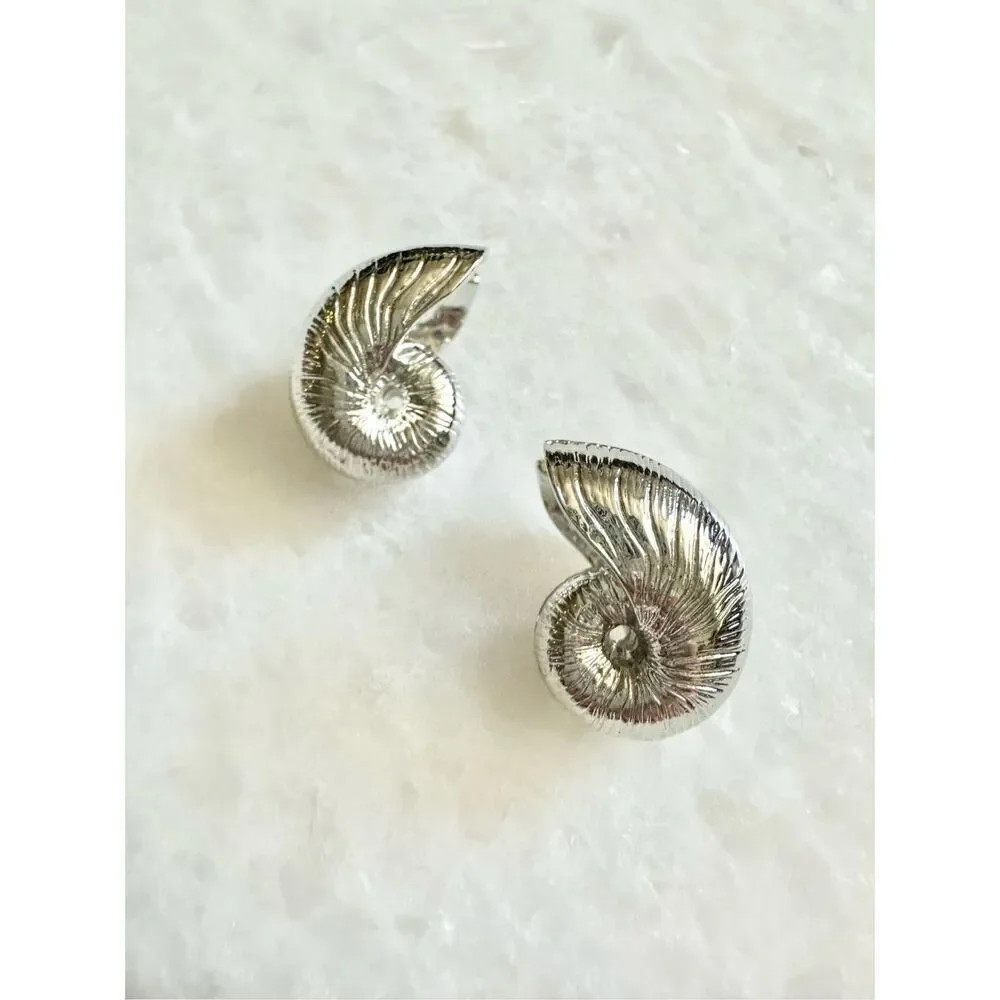 Silver snail seashell front and back earrings